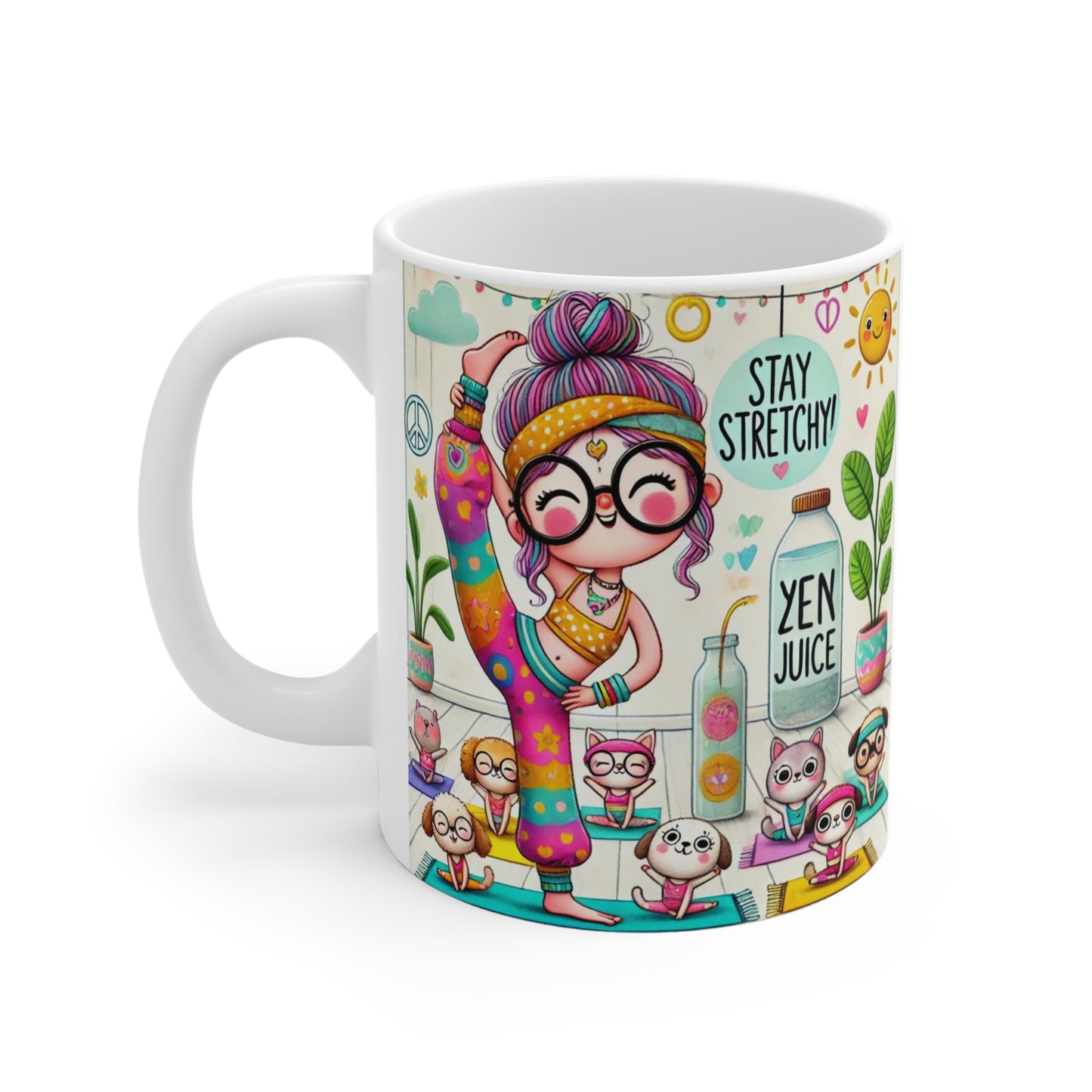 Mug 11oz Whimsical Yoga Instructor Stretching with Puppies and Kittens