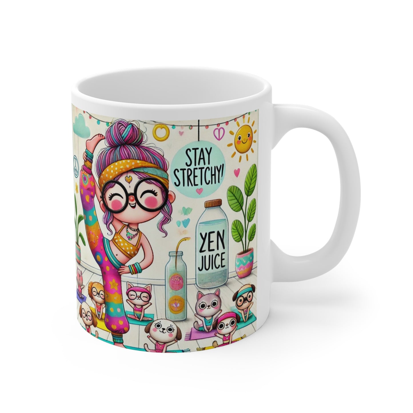 Mug 11oz Whimsical Yoga Instructor Stretching with Puppies and Kittens