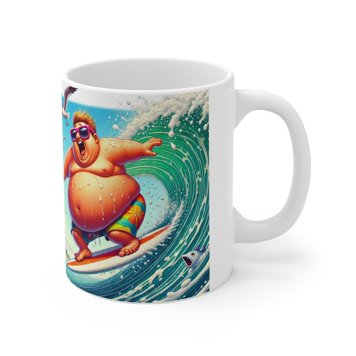 Mug Whimsical Surfer Riding Wave with Bird Coffee Cup 11oz 15oz