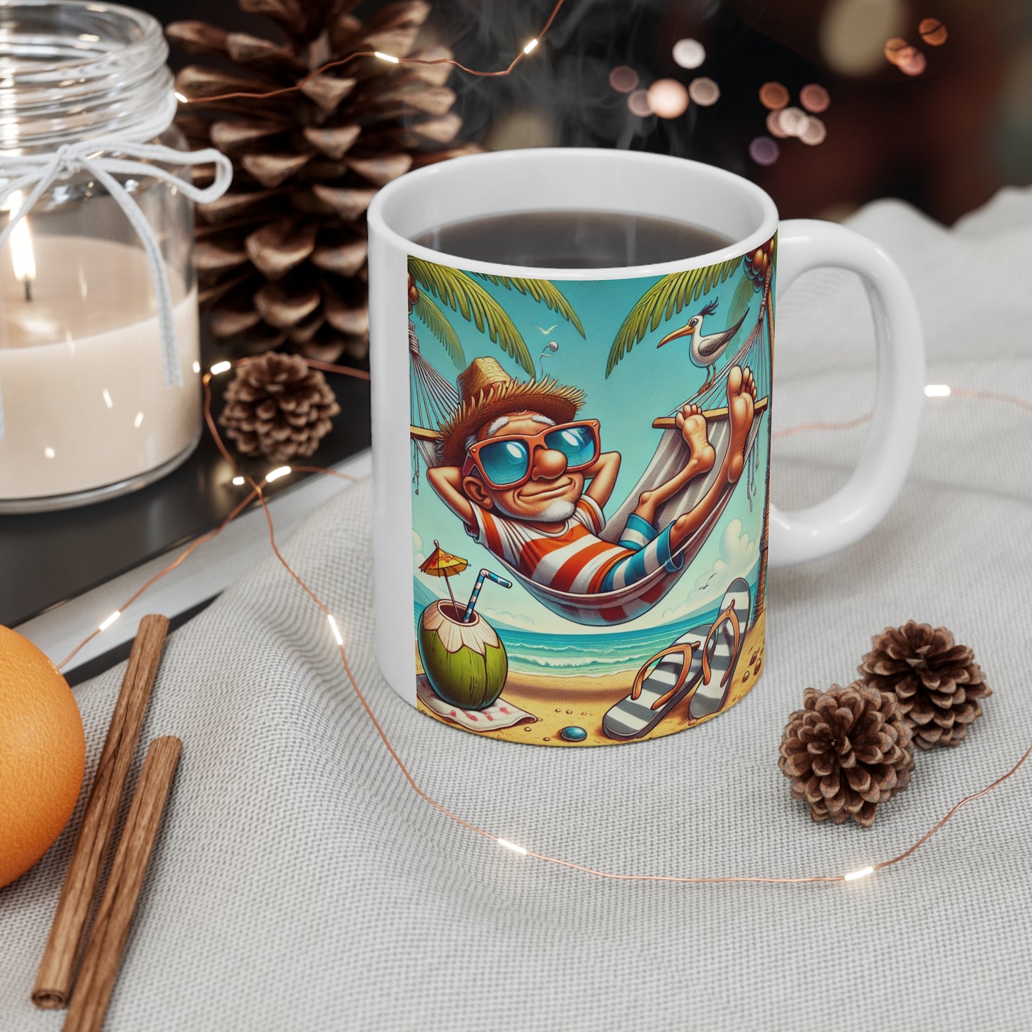 Mug 11oz - Funny Guy Relaxing in Hammock Palm Trees