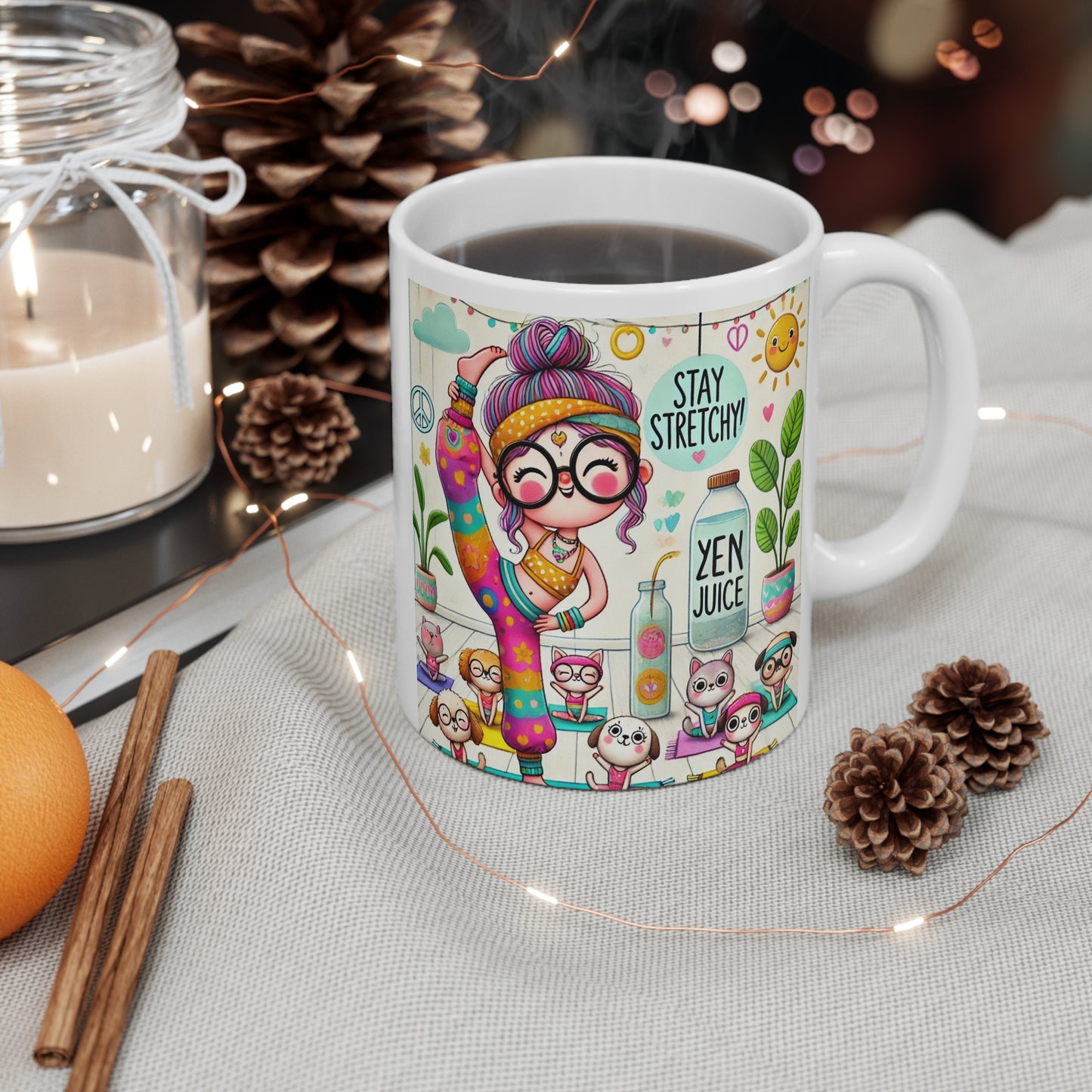 Mug 11oz Whimsical Yoga Instructor Stretching with Puppies and Kittens