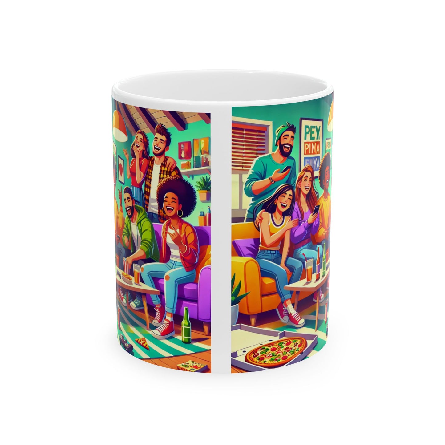 Mug - Whimsical Friends Pizza Party Ceramic Mug (11oz, 15oz)