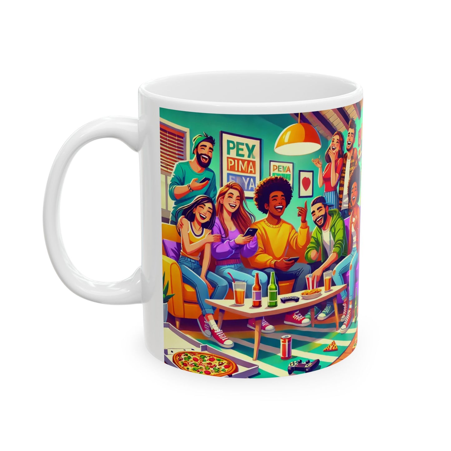 Mug - Whimsical Friends Pizza Party Ceramic Mug (11oz, 15oz)