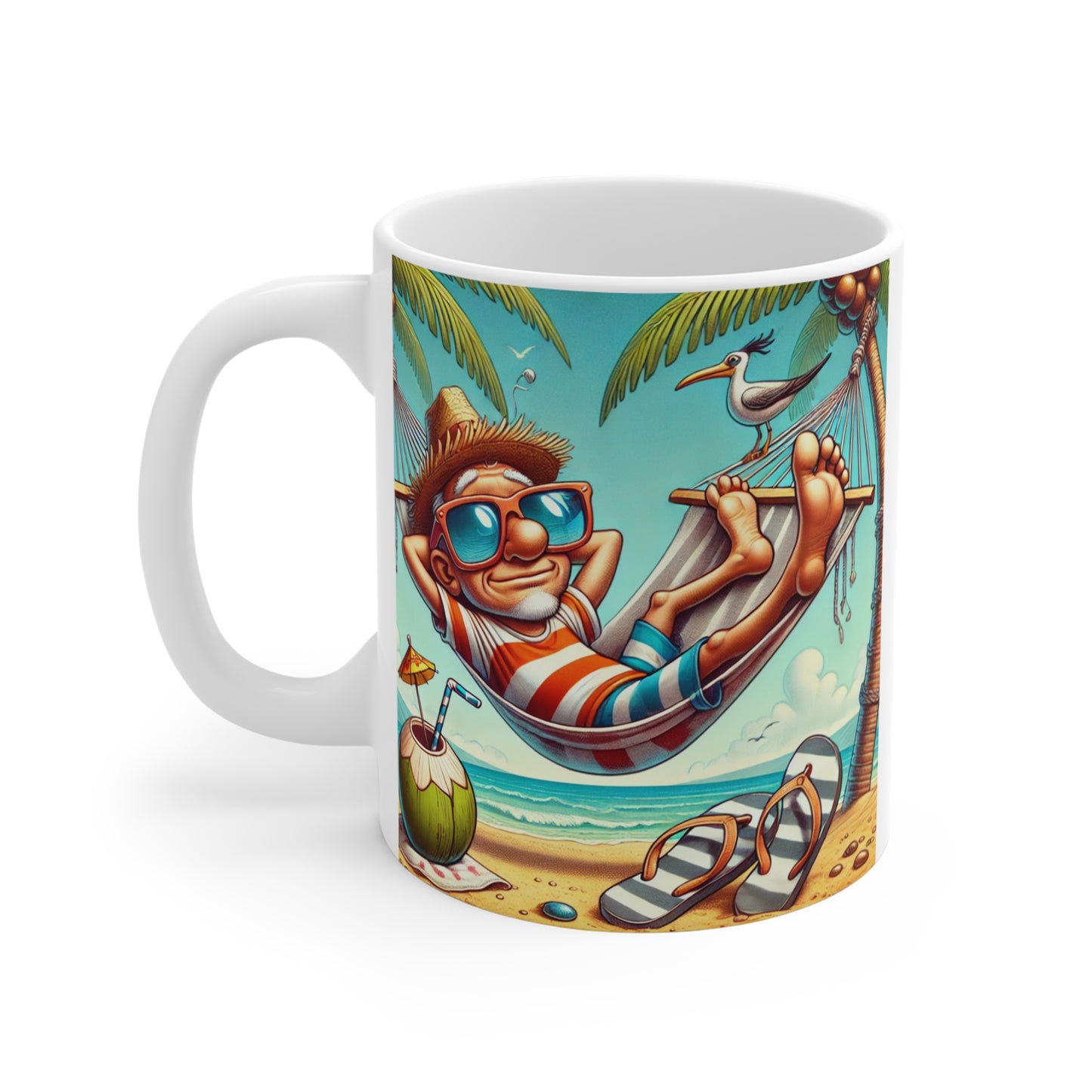 Mug 11oz - Funny Guy Relaxing in Hammock Palm Trees