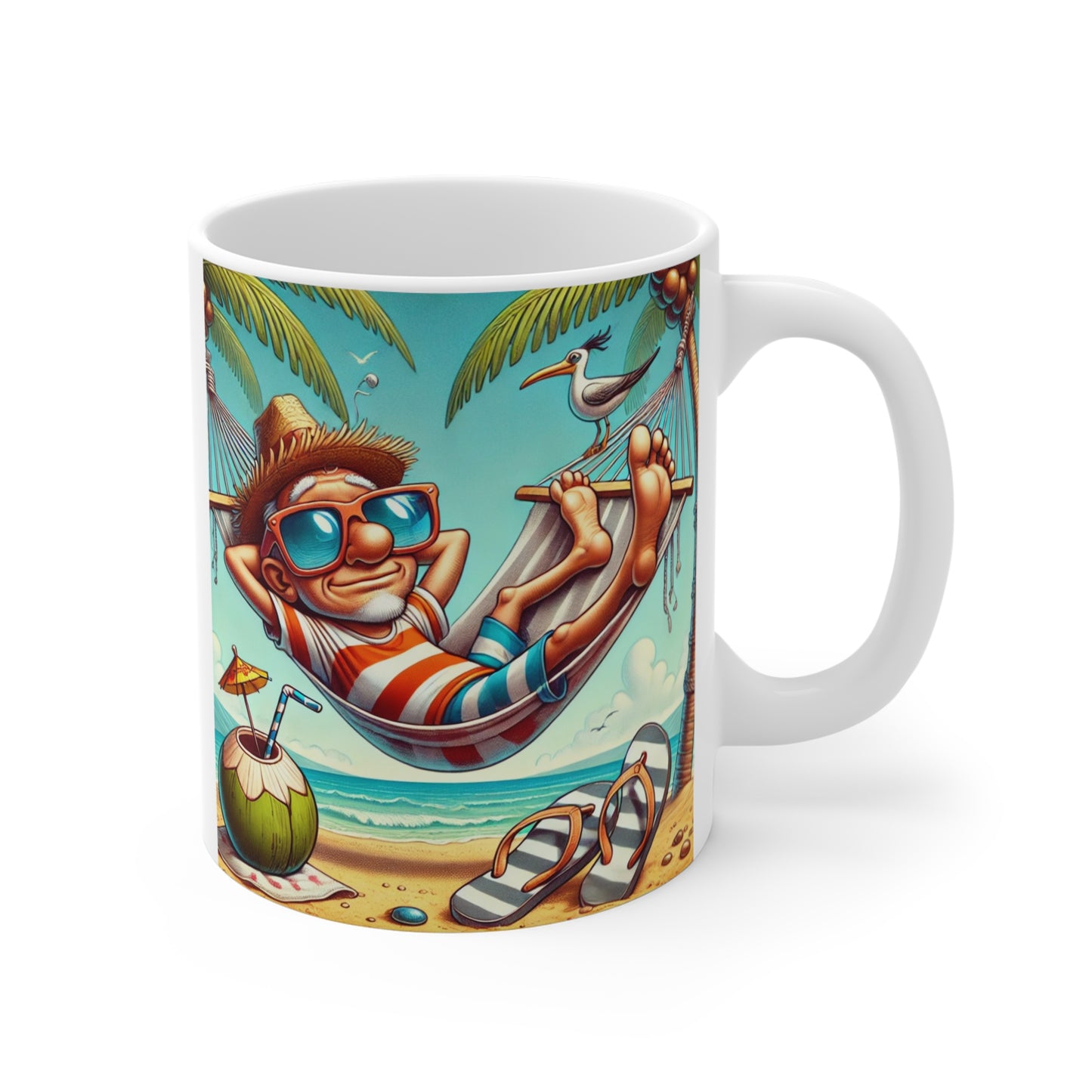 Mug 11oz - Funny Guy Relaxing in Hammock Palm Trees