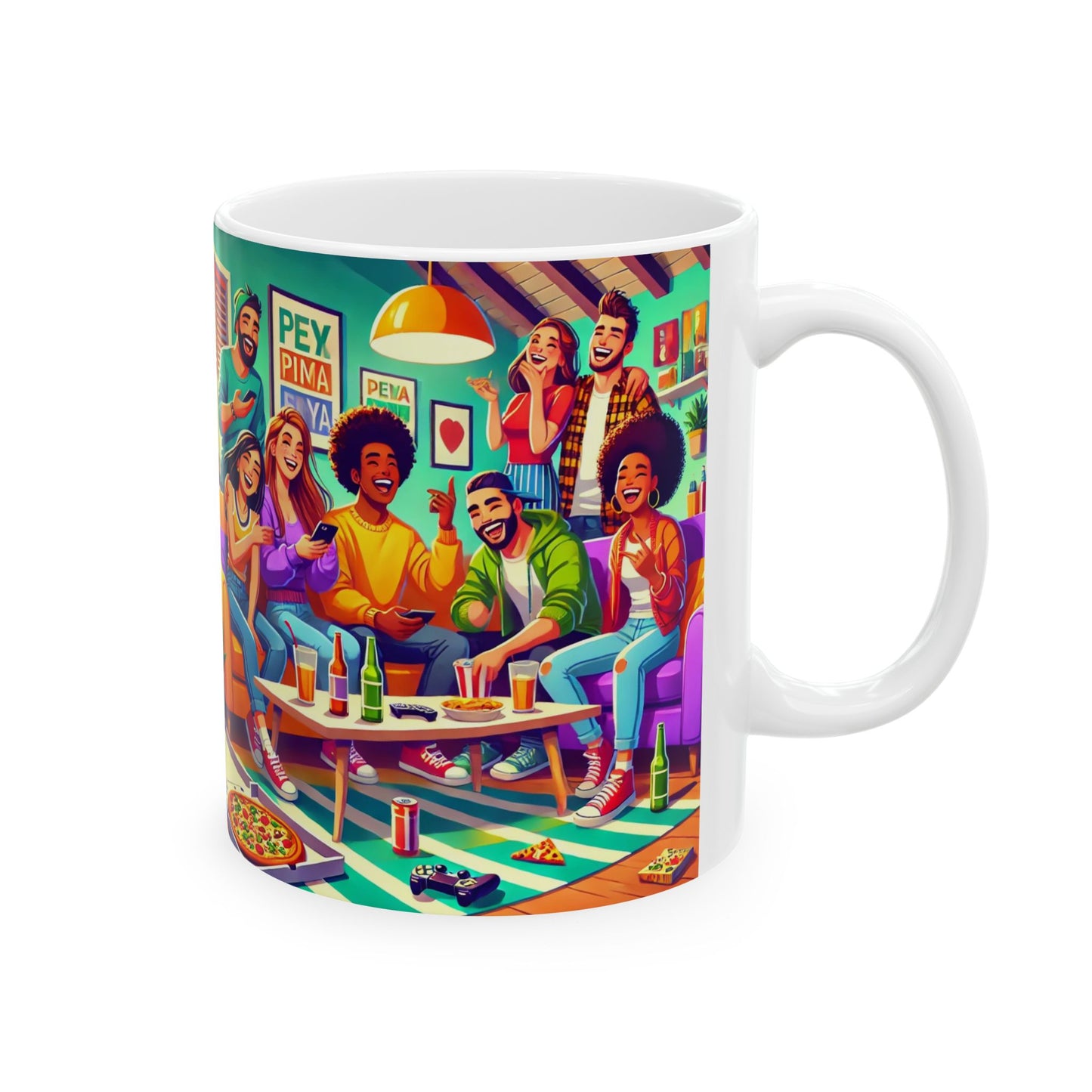 Mug - Whimsical Friends Pizza Party Ceramic Mug (11oz, 15oz)