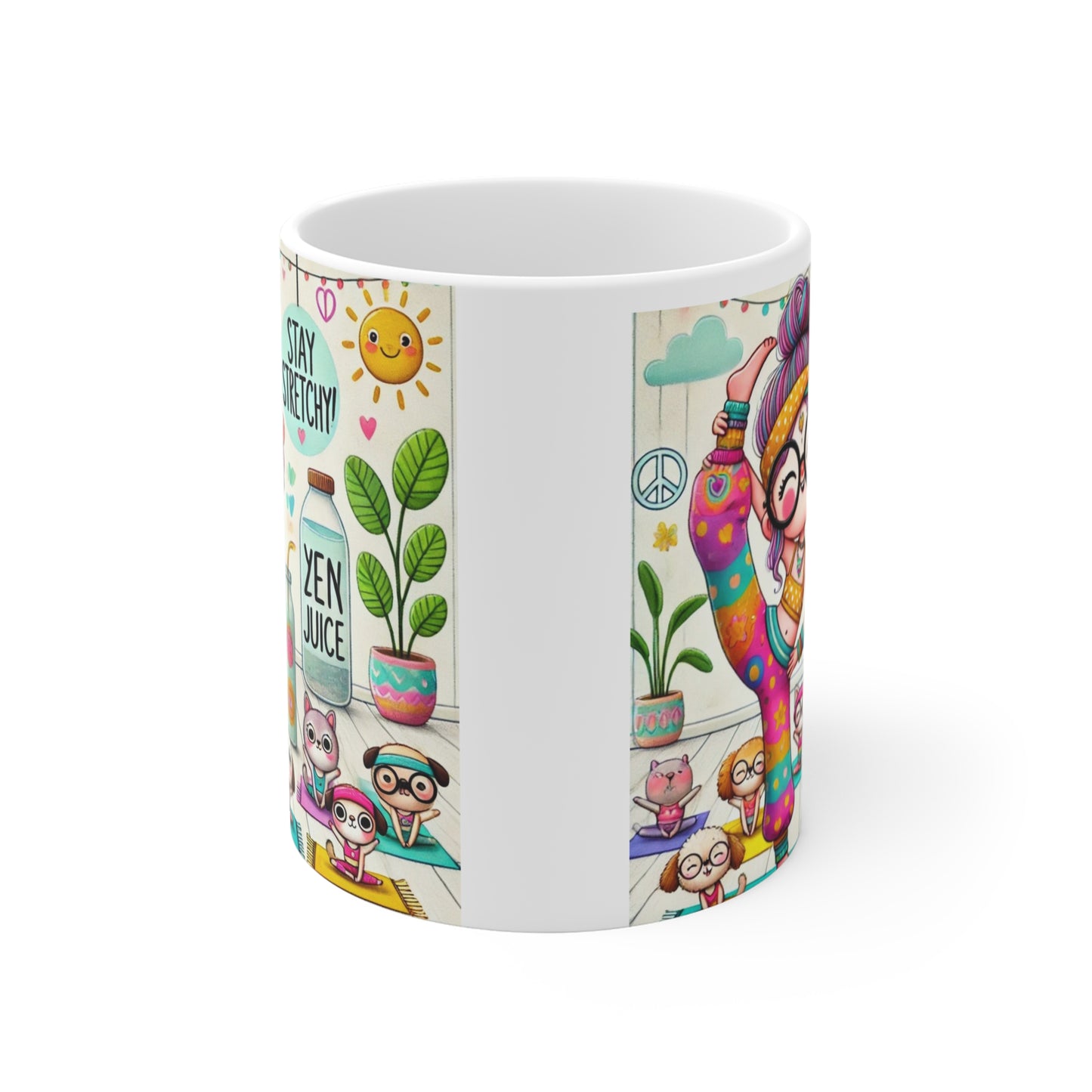 Mug 11oz Whimsical Yoga Instructor Stretching with Puppies and Kittens
