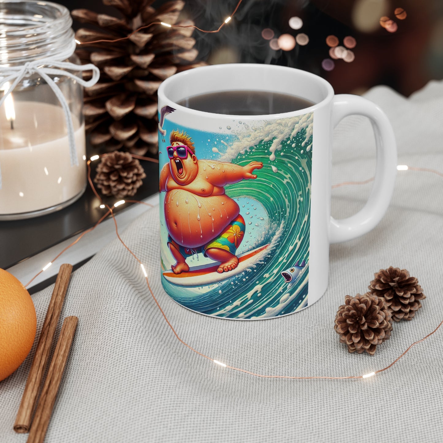 Mug Whimsical Surfer Riding Wave with Bird Coffee Cup 11oz 15oz