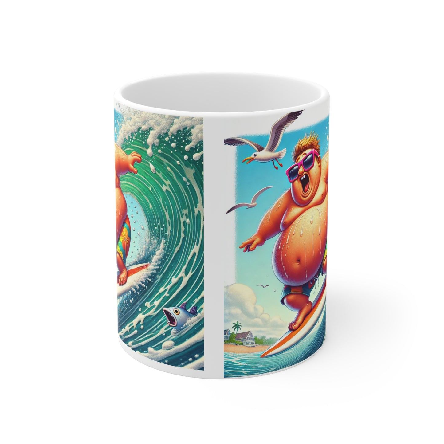 Mug Whimsical Surfer Riding Wave with Bird Coffee Cup 11oz 15oz