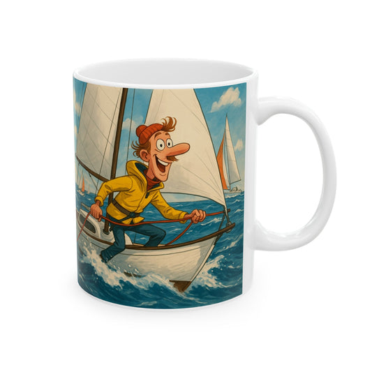 Mug - Whimsical guy sailing yacht ceramic cup