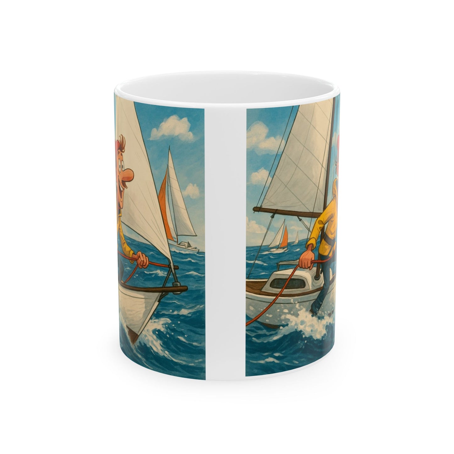 Mug - Whimsical guy sailing yacht ceramic cup
