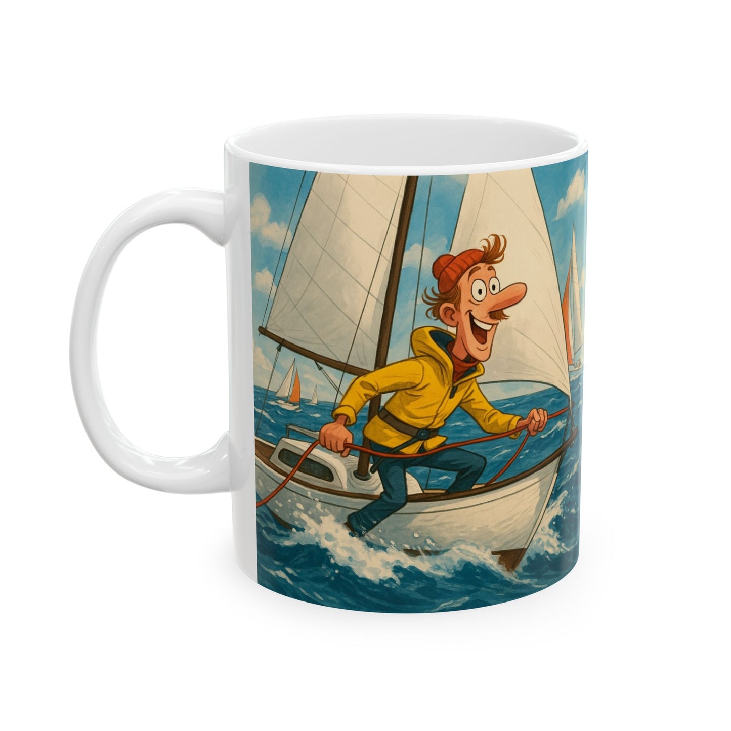 Mug - Whimsical guy sailing yacht ceramic cup