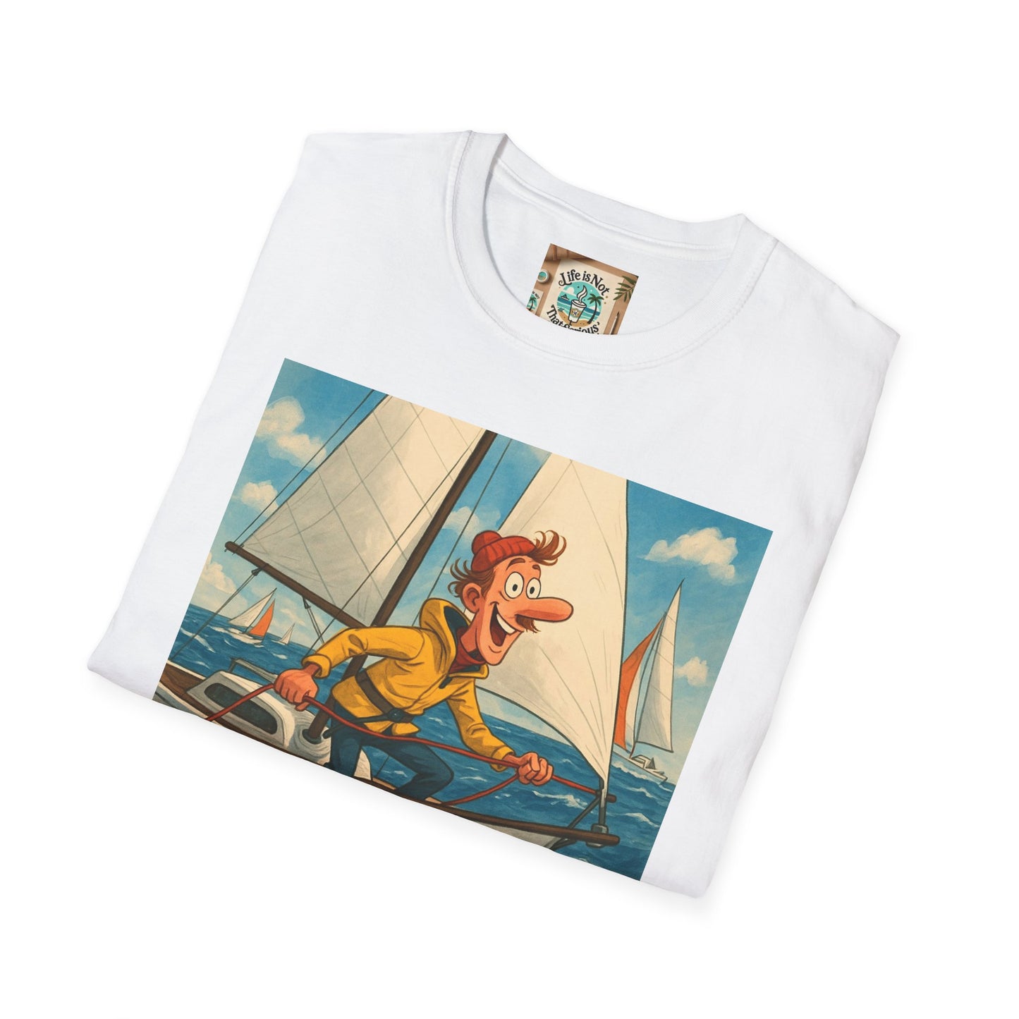 Sailboat Unisex T-Shirt - Whimsical Guy on the Ocean Design