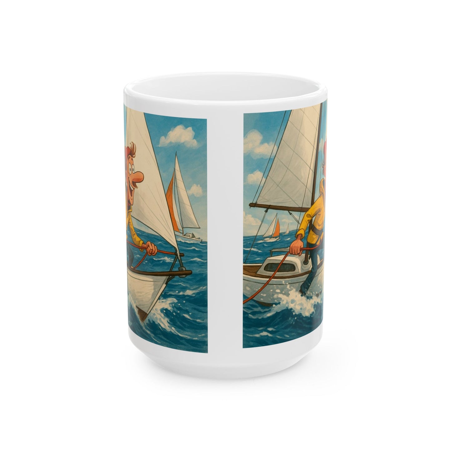Mug - Whimsical guy sailing yacht ceramic cup