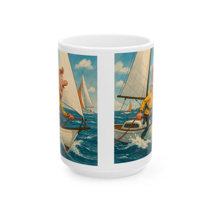 Mug - Whimsical guy sailing yacht ceramic cup