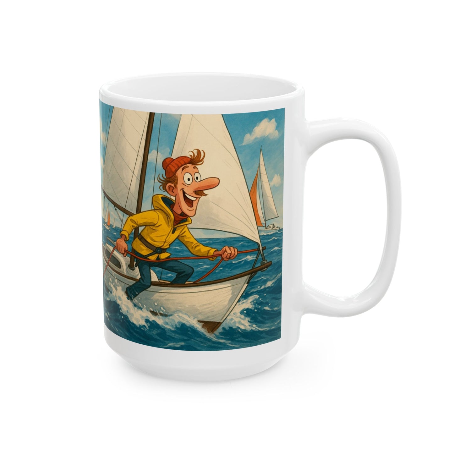 Mug - Whimsical guy sailing yacht ceramic cup