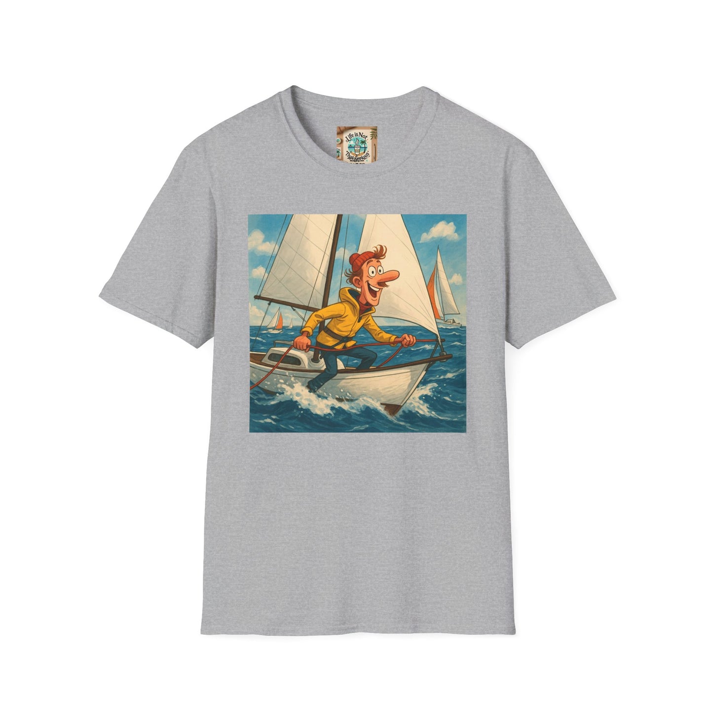 Sailboat Unisex T-Shirt - Whimsical Guy on the Ocean Design