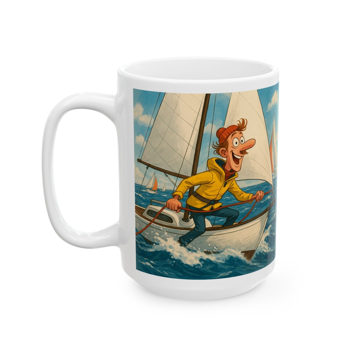 Mug - Whimsical guy sailing yacht ceramic cup