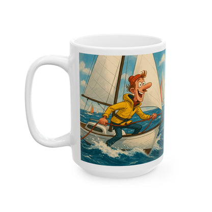 Mug - Whimsical guy sailing yacht ceramic cup